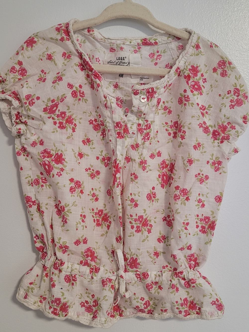 🧸2/20$ H&M White Blouse Pink Floral Print Size 5-6T Girl Cotton